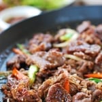 Char grilled Korean BBQ beef in a grill pan