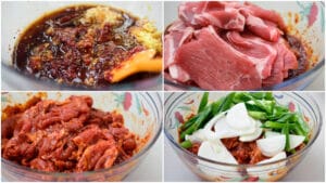 4-photo collage of marinating spicy pork bulgogi