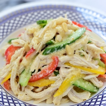 Korean Chicken Salad Mixed with Pine Nut Dressing, cucumber and bell pepper slices