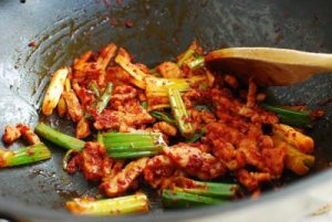 Pork stir-fried in gochugaru infused oil
