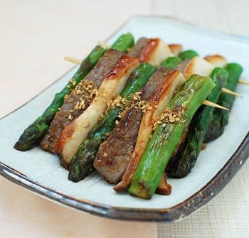sanjeok recipe 350x335 - Sanjeok (Skewered Beef with Asparagus and Mushrooms)