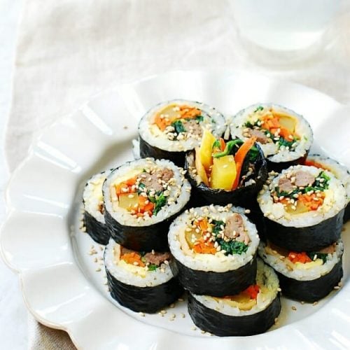 Korean seaweed rice rolls with beef and vegetables