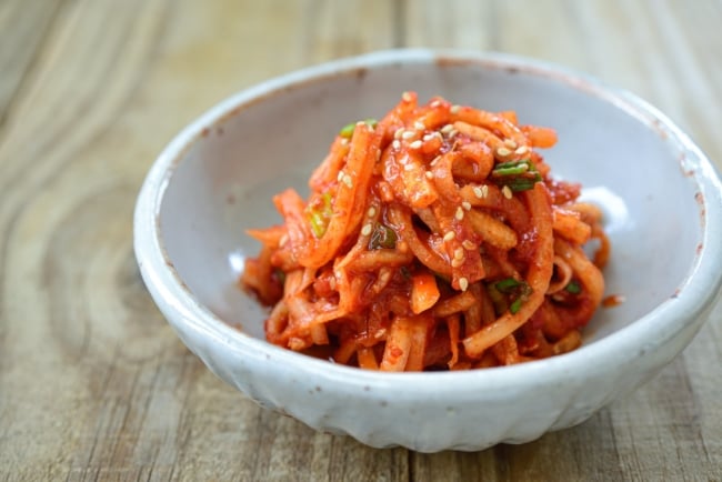 Korean spicy radish salad in a small bowl