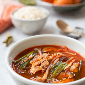 Red spicy Korean soup made with leftover turkey