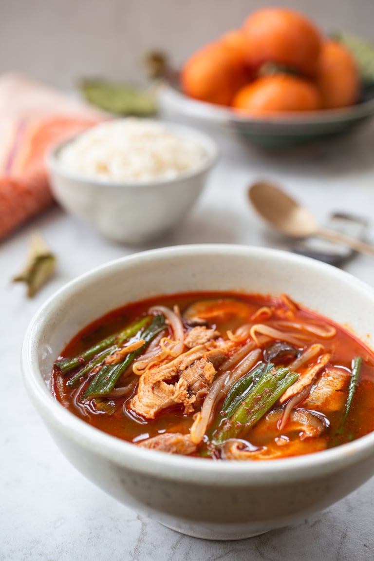 Red spicy Korean soup made with leftover turkey
