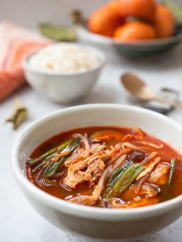 Red spicy Korean soup made with leftover turkey