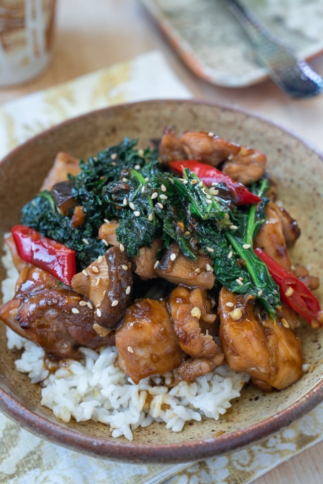 Chicken stir fry with vegetables served in a brown bowl