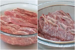 Preparing flanken cut beef short ribs for Koean galbi