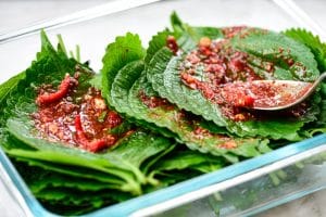 spreading red spicy seasoning paste over perilla leaves