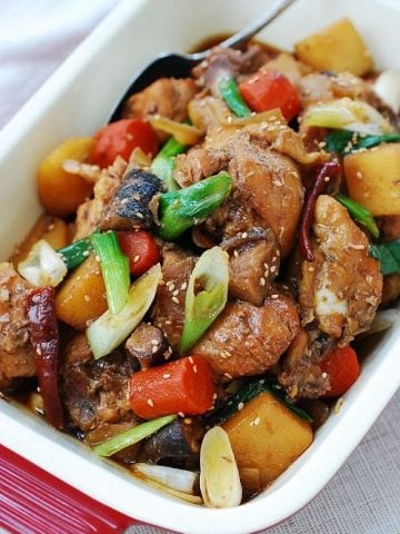 Slow cooker Korean braised chicken (dakjjim) in a casserole dish