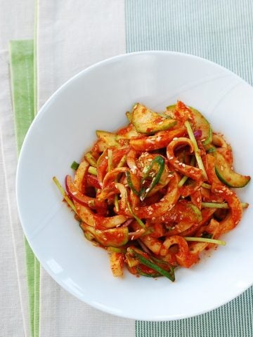 Overhead shot of Korean Red spicy squid salad in a bowl