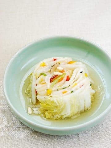 Cut white kimchi in a plate