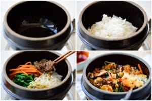 4-photo collage of making bibimbap in an earthenware bowl