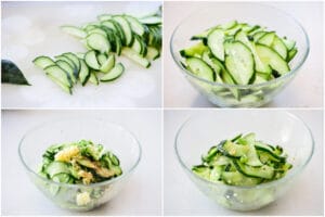 4-photo collage of prepping cucumber for bibimbap