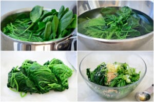 4-photo collage of making spinach side dish for bibimbap