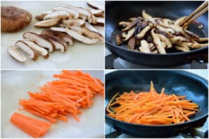 4-photo collage of cooking mushroom slices and carrot matchsticks