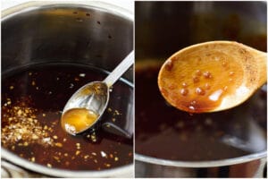 2-photo collage of making soy garlic sauce in a pan