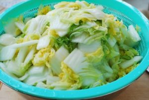 draining salted and rinsed napa cabbage to make kimchi