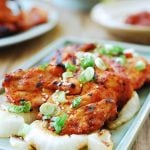 Spicy chicken bulgogi in a rectangular plate