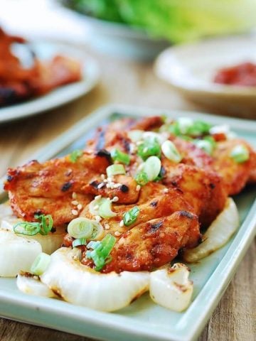 Spicy chicken bulgogi in a rectangular plate