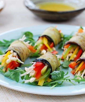Eggplant rolls with colorful vegetables
