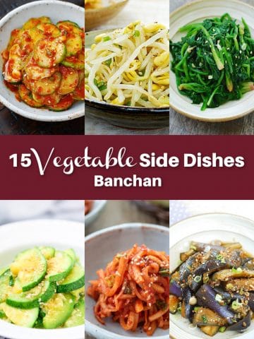 A 6-photo collage of 15 Korean vegetable side dishes