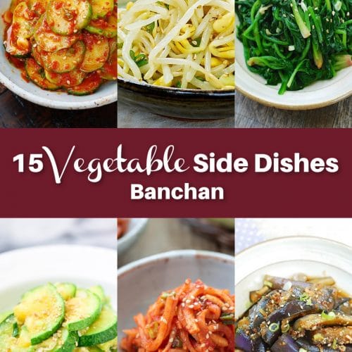 A 6-photo collage of 15 Korean vegetable side dishes