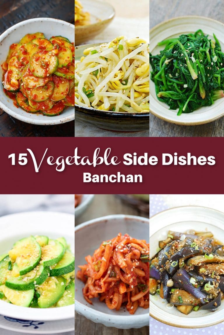 A 6-photo collage of 15 Korean vegetable side dishes
