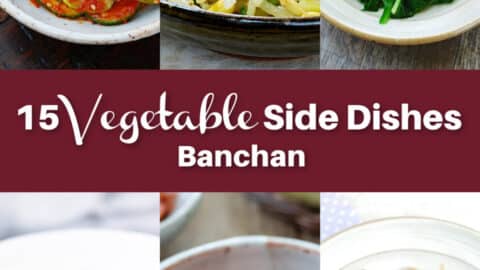 A 6-photo collage of 15 Korean vegetable side dishes