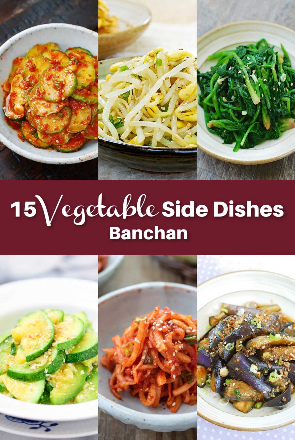 A 6-photo collage of 15 Korean vegetable side dishes