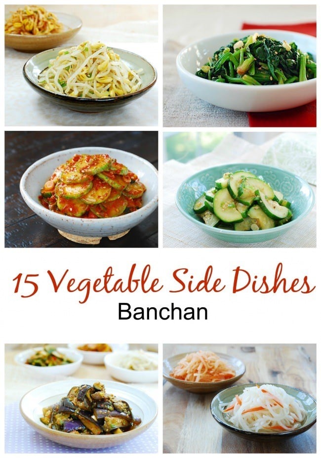 a collage of 6 Korean vegetable side dishes with a title 15 vegetable side dishes