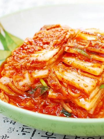 Vegan kimchi cut into bite size pieces