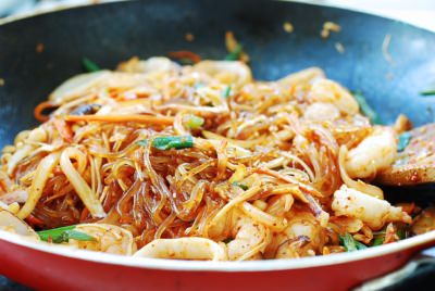 Spicy Seafood Japchae (Korean Stir-fried Sweet Potato Noodles)