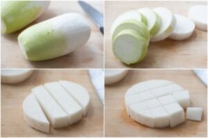 4-photo collage for Korean radishes being cut into cubes