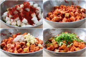 4-photo collage of cubed radish being seasoned with gochugaru and other seasonings