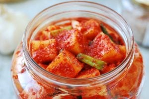 Cubed radish kimchi in a jar