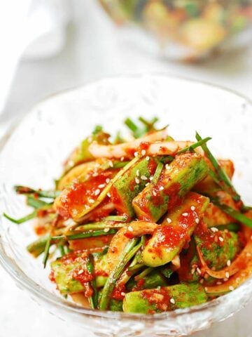 Cucumber kimchi in a glass bowl