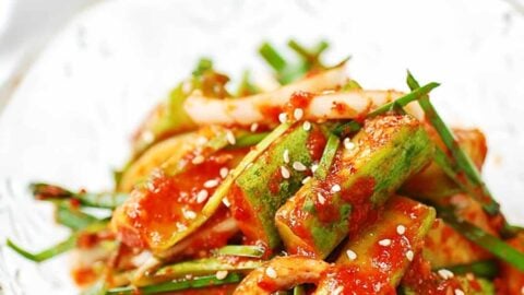 Cucumber kimchi in a glass bowl