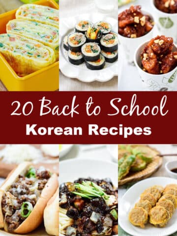 6-photo collage of a "20 back to school Korean recipes" banner in the middle