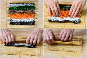4-photo collage of rolling kimbap