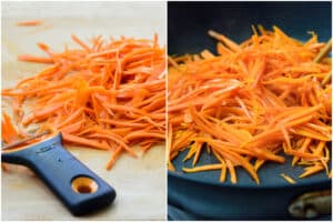 julienning and sauteeing carrots for Korean sushi