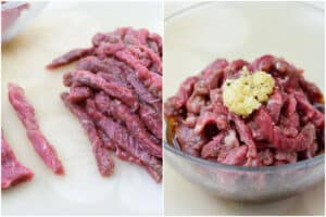 2 photo collage of cutting beef into strips and marinating for Korean rice rolls