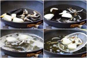 4-photo collage of making anchovy broth in a pan with dried anchovies, dried kelp and onion