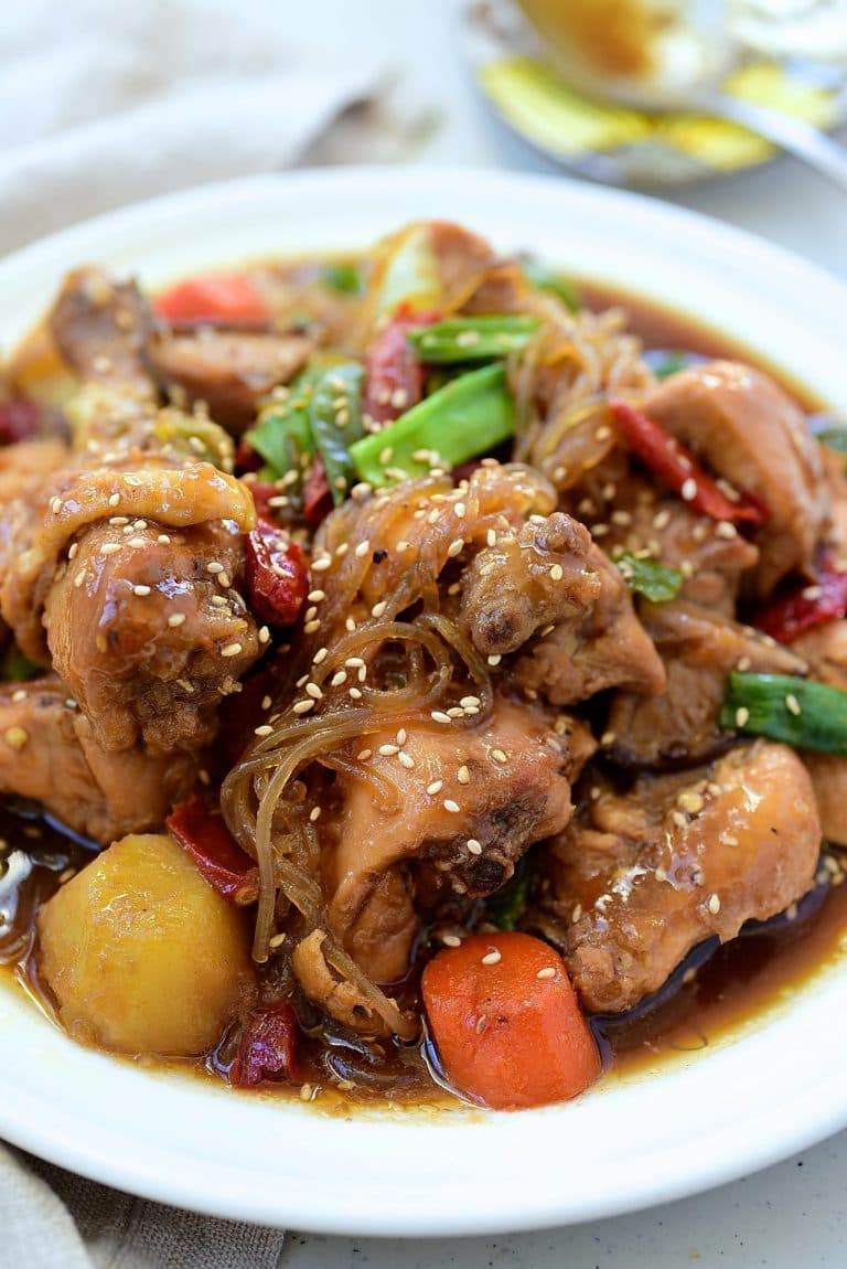 Soy sauce braised chicken pieces with vegetables and glass noodles