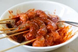 Shrimp skewers in a gochujang sauce for grilling