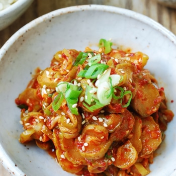 Red spicy seasoned Korean pickle slices