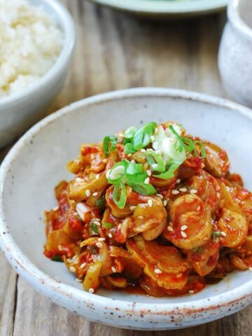 Red spicy seasoned Korean pickle slices