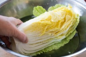 salting napa cabbage quarter in salt water