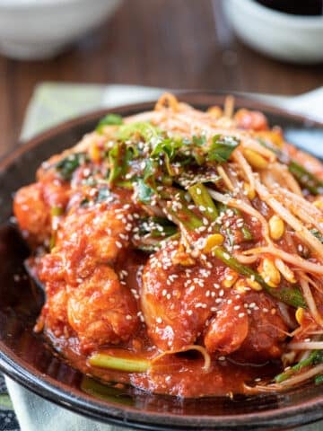 Red spicy braised monkfish with soybean sprouts