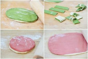 4 photo collage of red, green and white cookie doughs and shapes